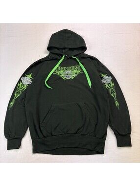 Y2K Harley Davidson Tribal Sleeve Pullover Hoodie Size Large Black Six Flags